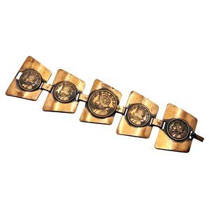 Vintage Copper Coin Bracelet Balboa Link Panels Costume Jewelry